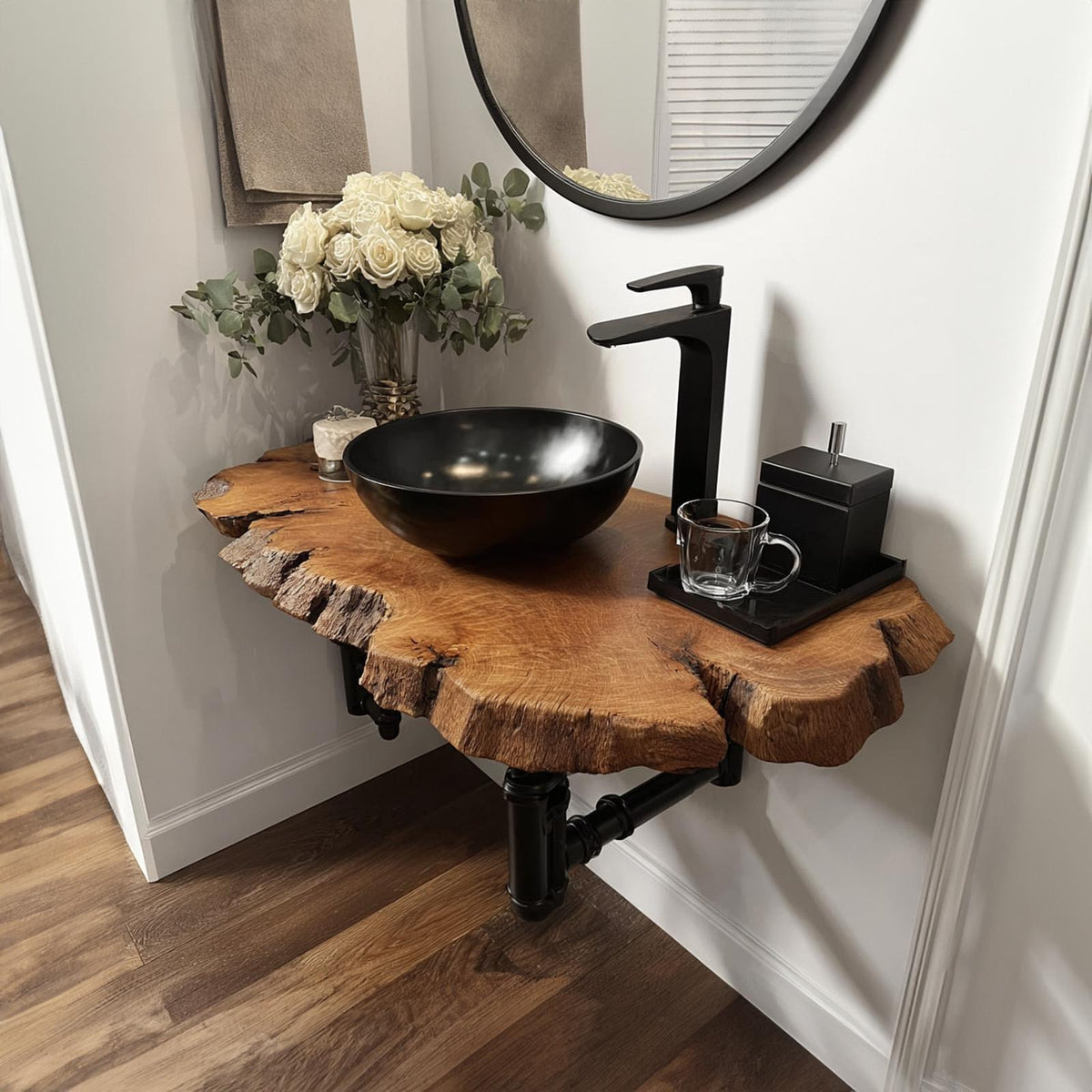 Mid-Century Floating Shelf, Narrow Solid Wood Washroom Vanity, Small Bathroom Single Sink Countertop Shelf