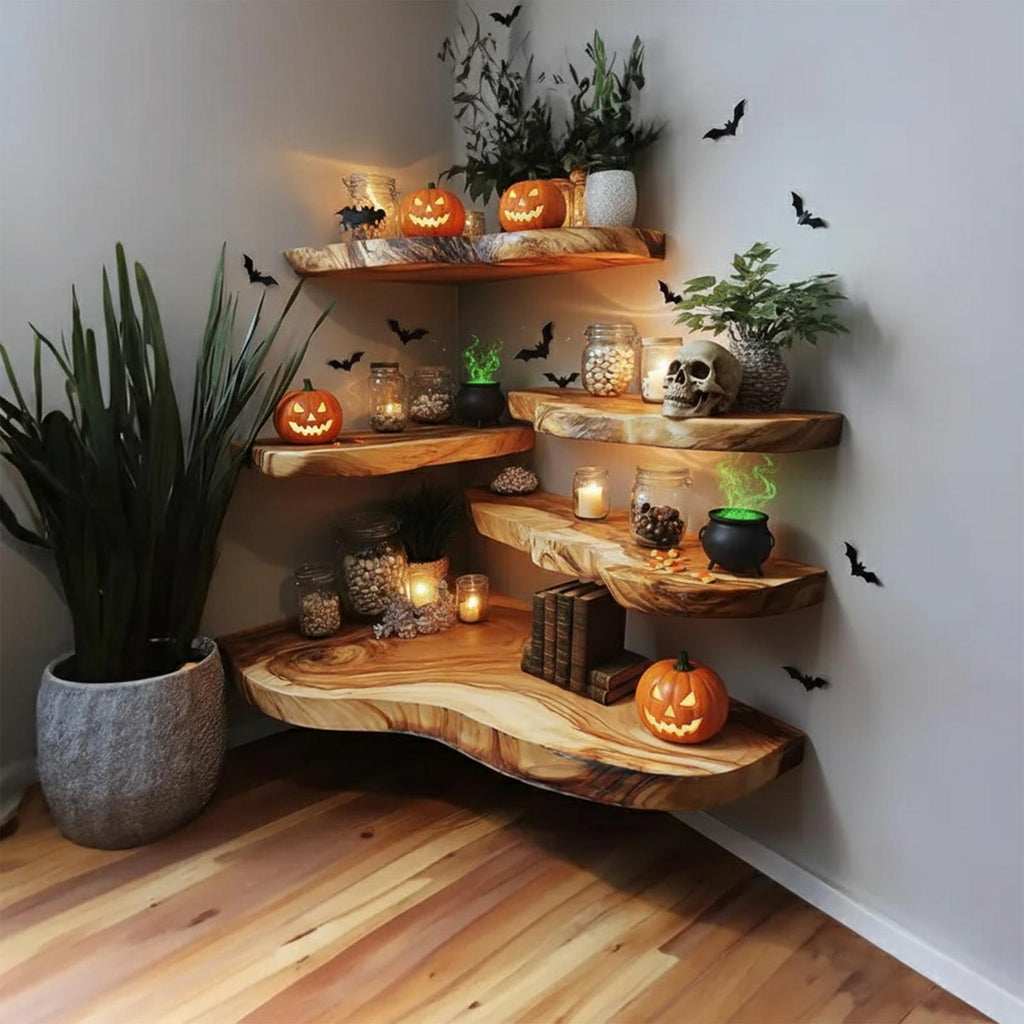 Rustic Farmhouse Floating Wall Shelf, Wooden Tree Branch Wall Shelf, Spooky Halloween & Goth Living Room Display