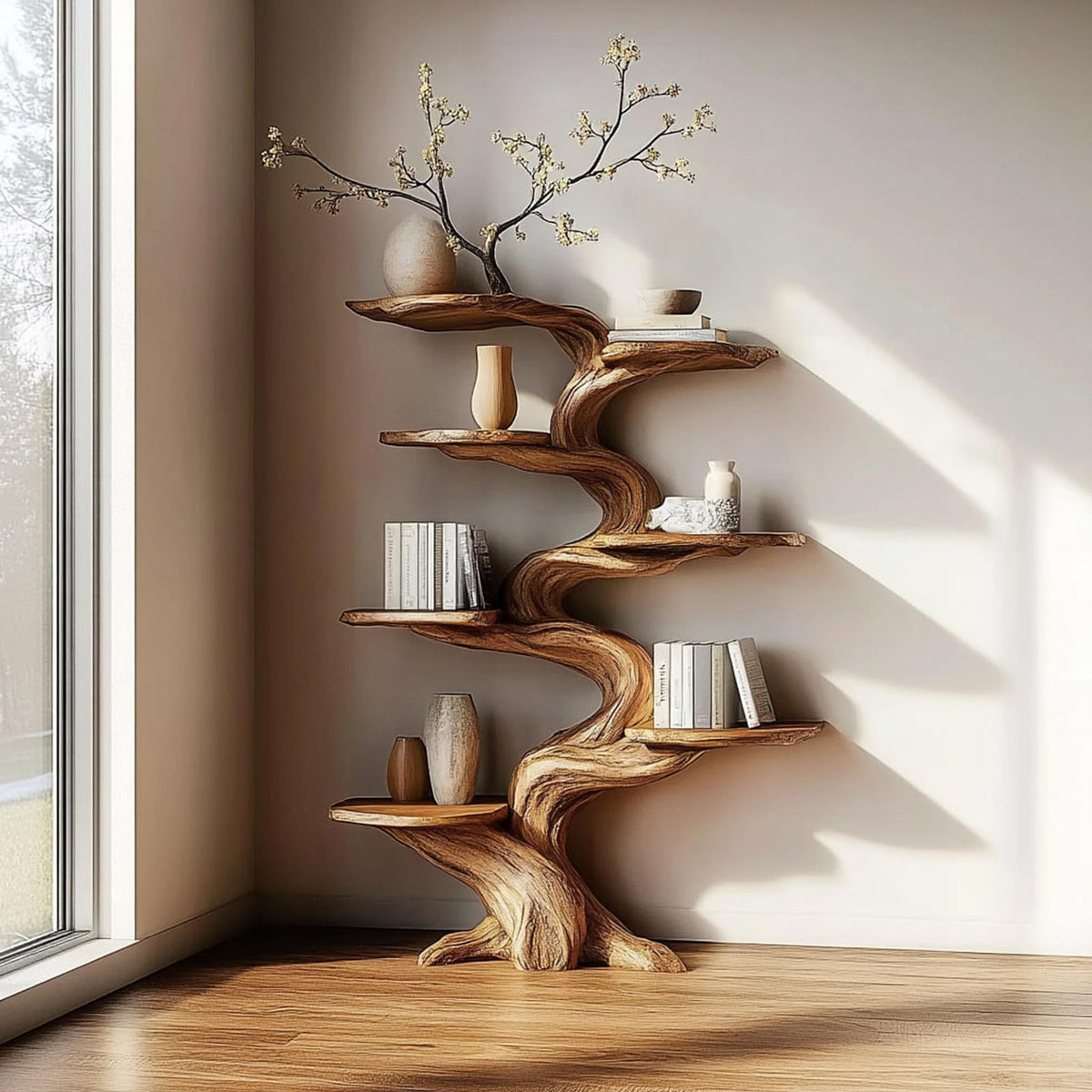 Rustic Tree Inspired Wooden Wall Shelf, Floating Branch Bookshelf & Storage Organizer Rack for Home Office Decor