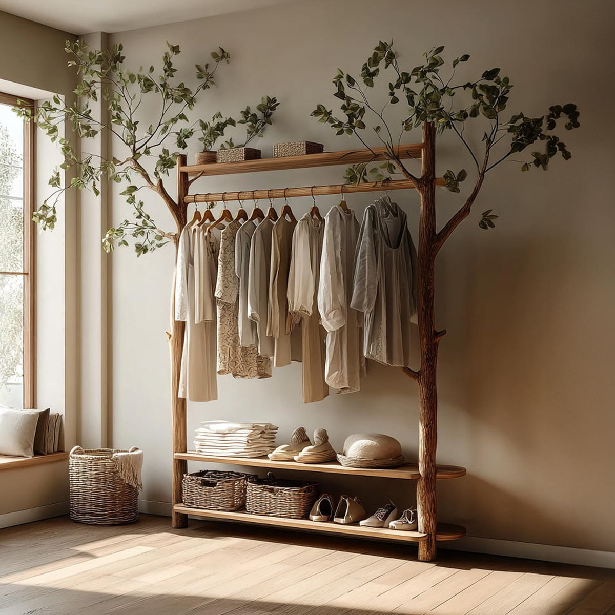 Rustic Tree Clothes Rack Solid Wood Bedroom Organizer
