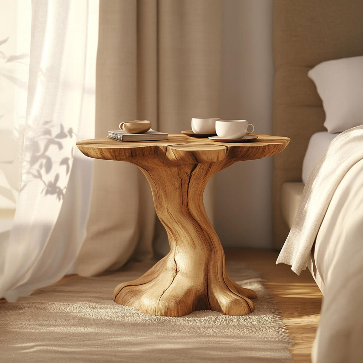 Handcrafted Rustic Wood Sculptural Nightstand, Organic Shaped End Table & Bedside Accent for Living Room, Bedroom