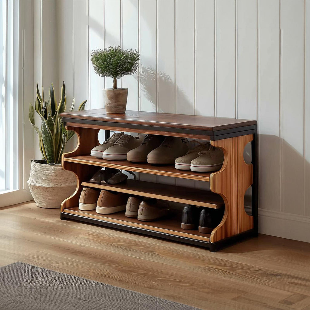 Midcentury Shoe Organizer Bench Entryway