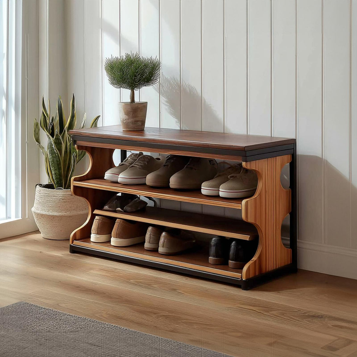 Midcentury Shoe Organizer Bench Entryway