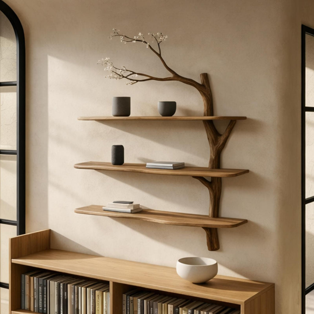 Rustic Tree Branch Wall Shelf, Sculptural Floating Solid Wood Shelves for Living Room & Bedroom, Natural Decor Accent