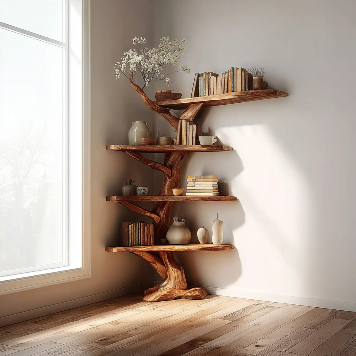 Spry Interior Handcrafted Rustic Corner Floating Shelf, Wooden Branch Storage Organizer & Artistic Wall Display for Cozy Living Room SINLKITB471