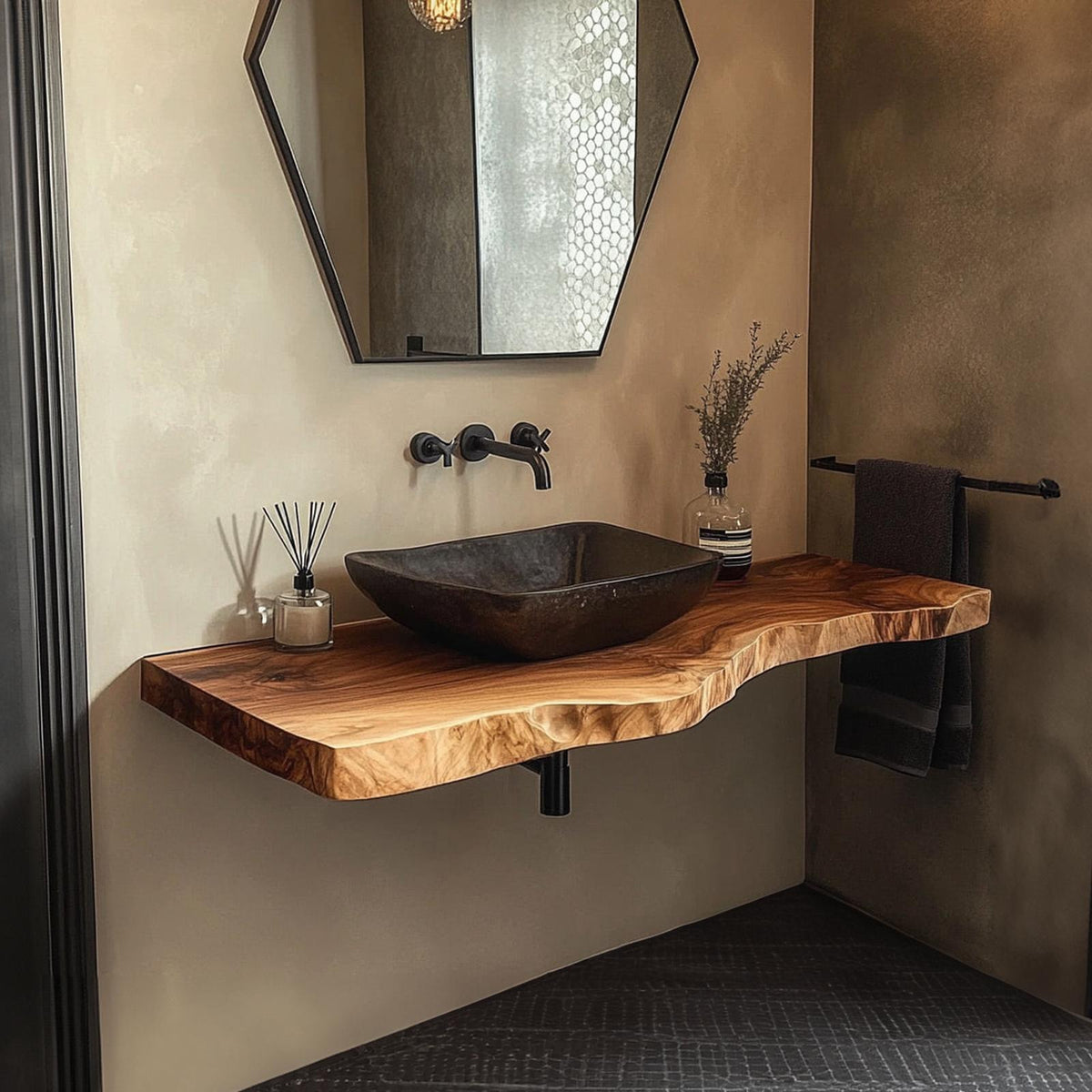 Spry Interior Mid Century Floating Bathroom Vanity Shelf, Contemporary Natural Solid Wood Single Washstand, Wall Mount Storage Console SINLKIBRV221