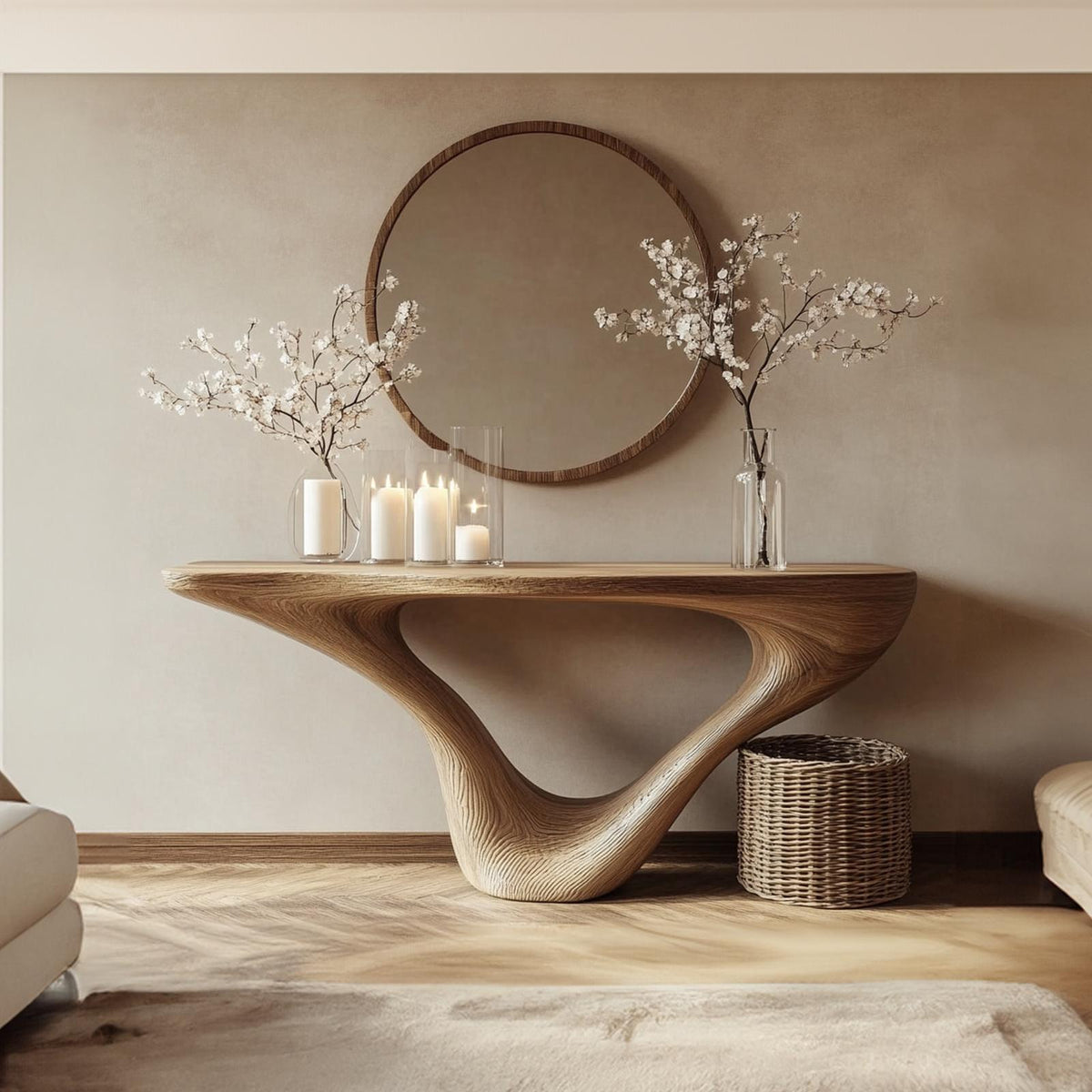 Mid Century Modern Console Table, Minimalist Carved Wood Art, Sleek Solid Wood Entryway & Foyer Table