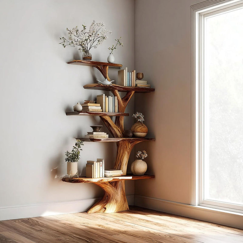 Rustic Artistic Corner Display Shelf, Handcrafted Wood Floating Branch Wall Shelf Organizer for Living Room Decor