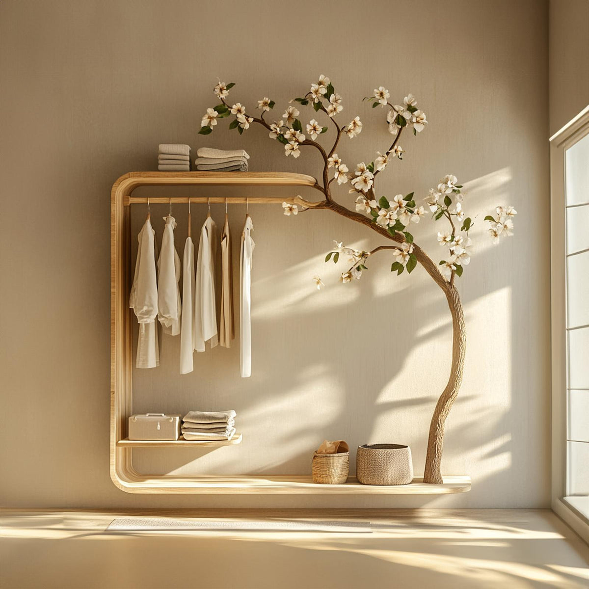 Minimalist Wood Tree Wardrobe, Handcrafted Solid Wood Garment Rack, Standing Clothes Coat Stand Organizer