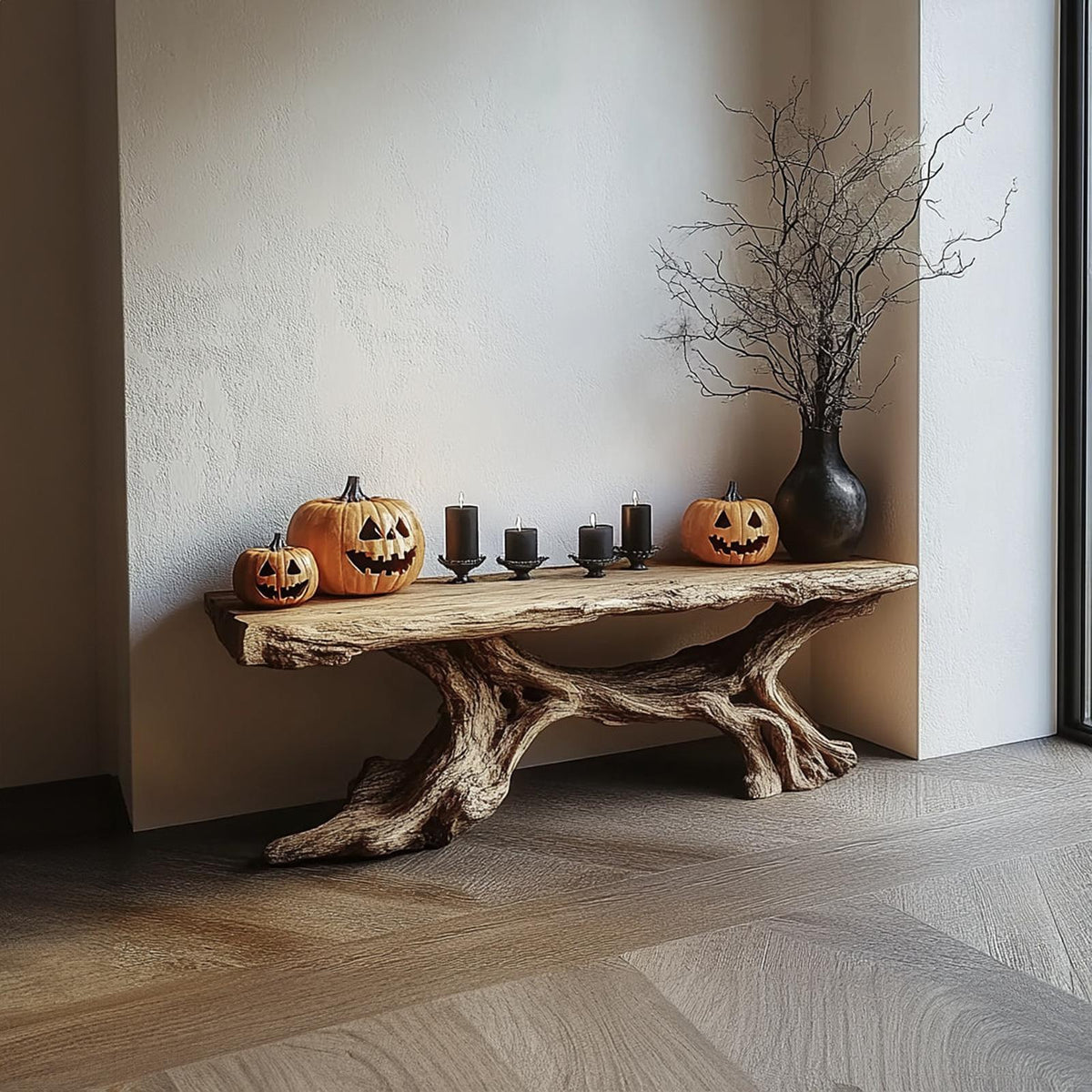 Rustic Entryway Table, Sculptural Solid Wood Tree Base, Handcrafted Live Edge Foyer Console Display Table