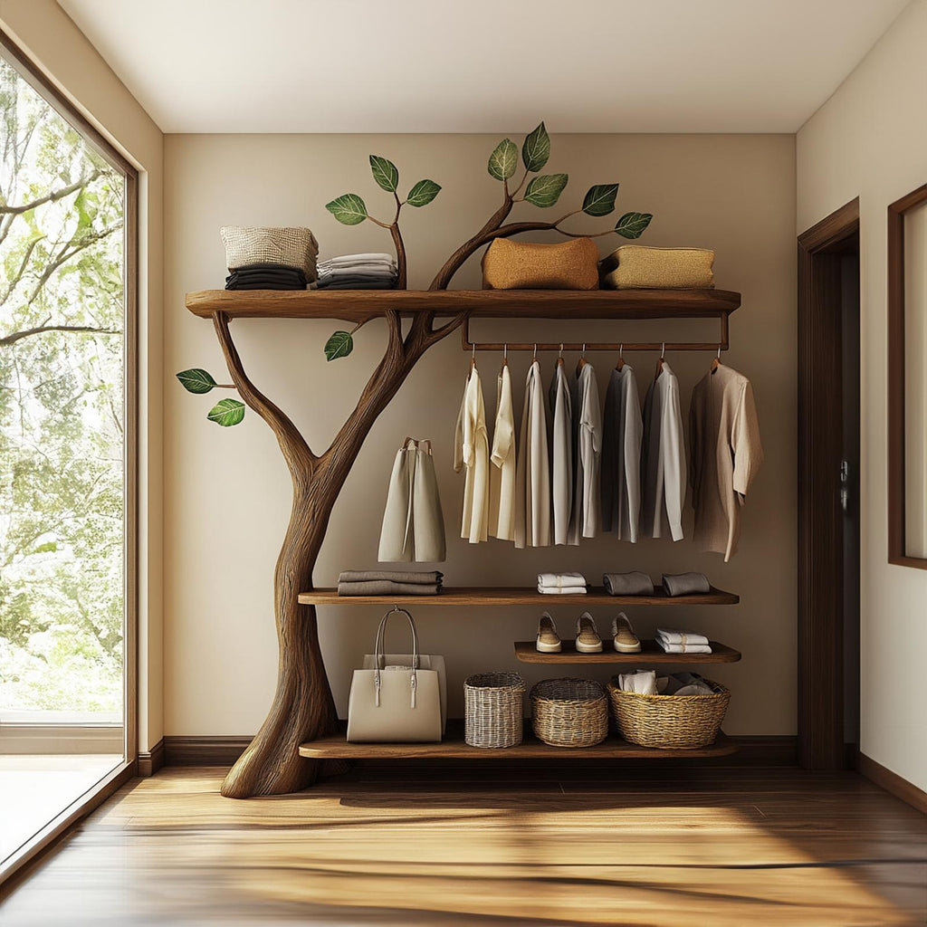 Rustic Solid Wood Tree Clothing Rack Artistic Bedroom
