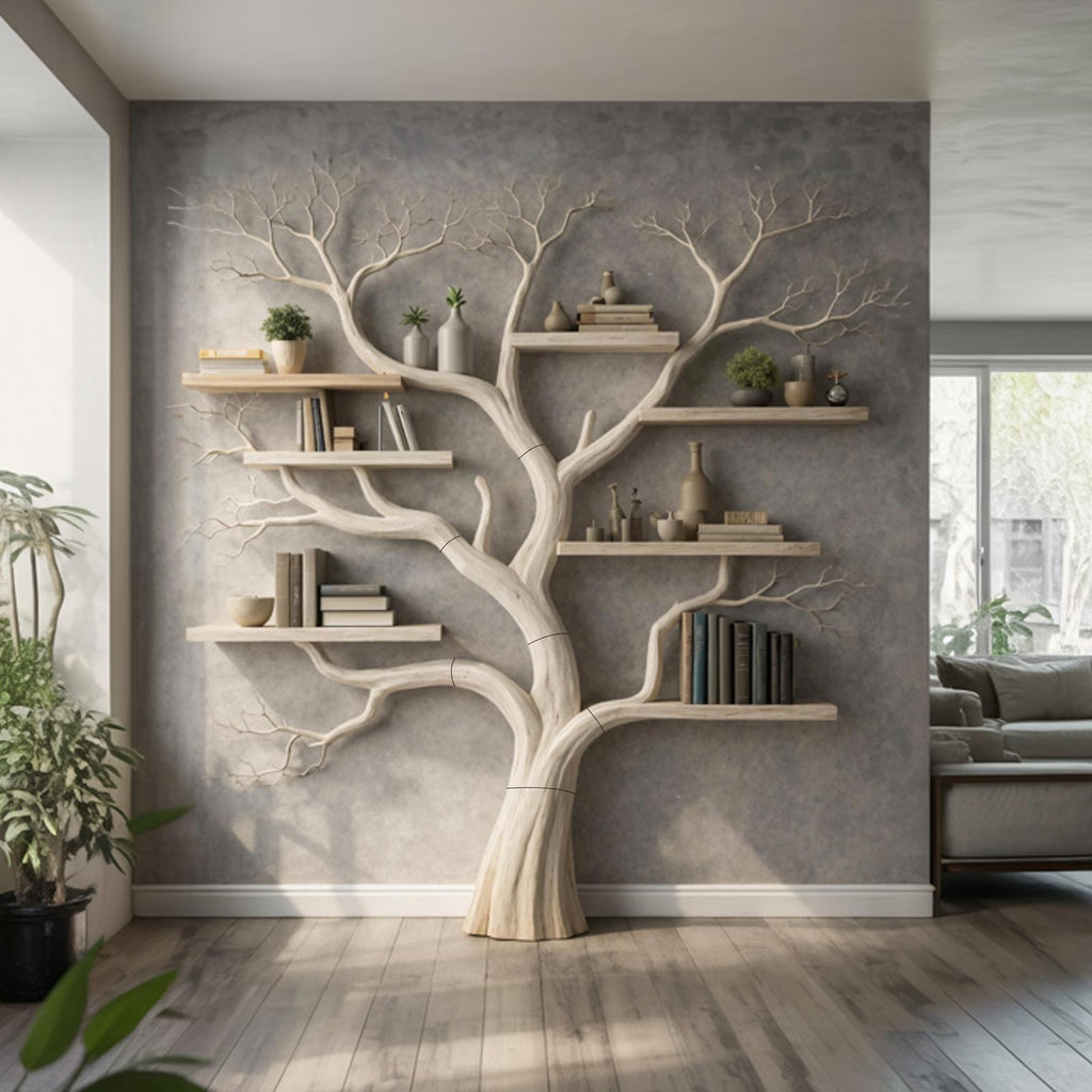 Rustic Wood Tree Bookshelf, Handcrafted Floating Branch Wall Mounted Bookcase for Living Room Bedroom Storage