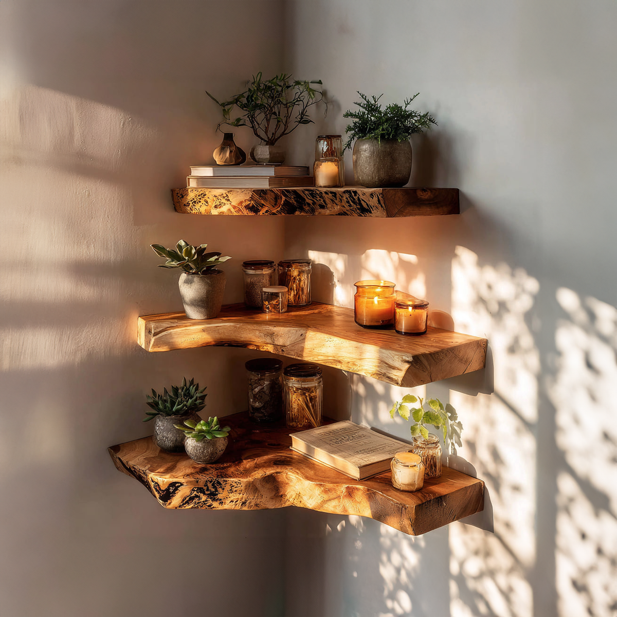 Rustic Floating Corner Display Shelf, Wall Mounted Solid Wood Corner Storage Organizer for Bathroom