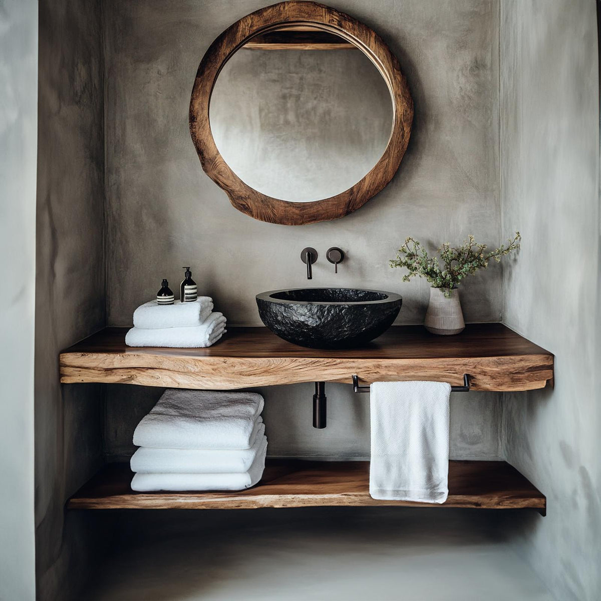 Mid-Century Floating Shelf, Farmhouse Solid Wood Bathroom Vanity, Single Sink Washroom Countertop Shelf