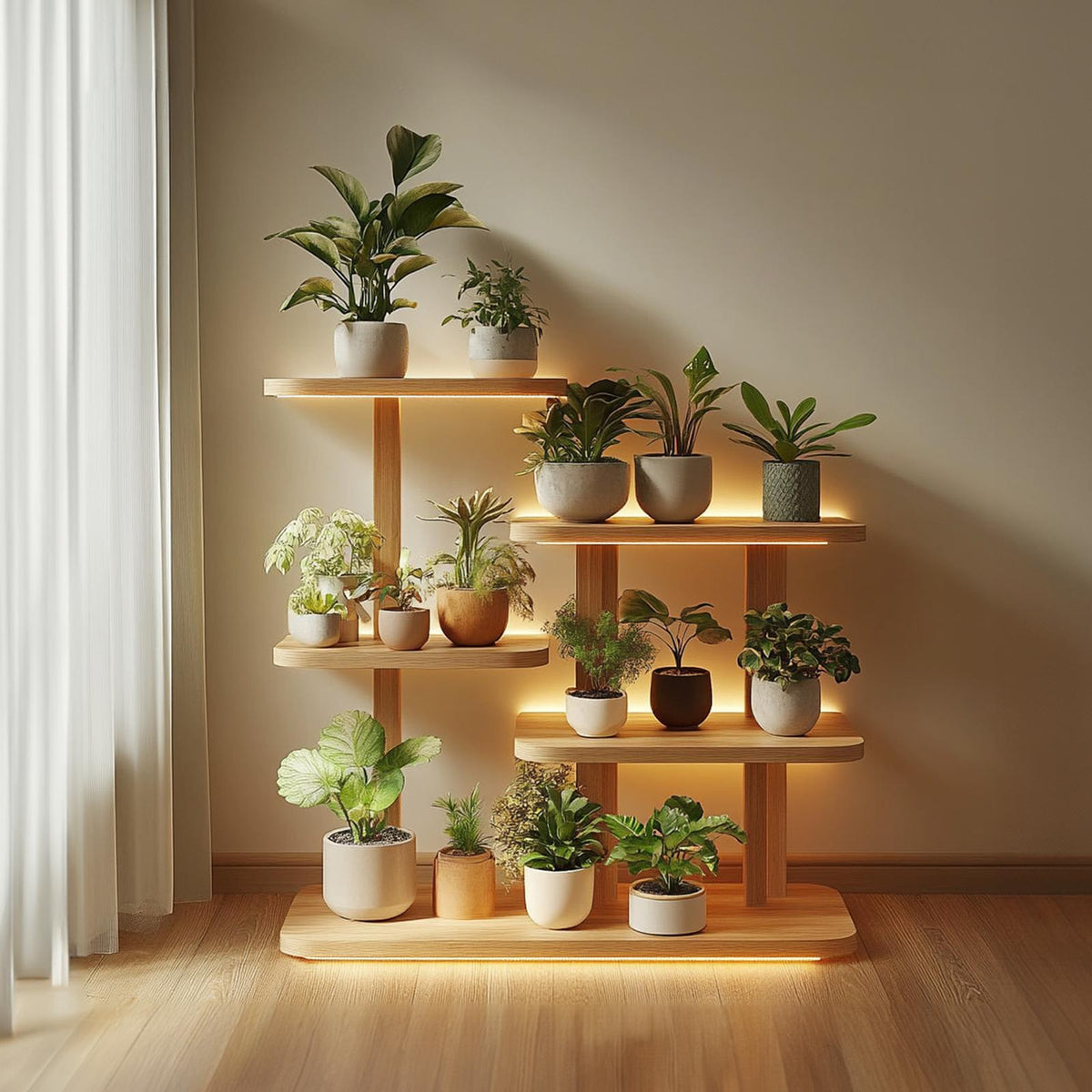 Mid-Century Modern Plant Display Stand, Solid Wood Indoor Flower Pot Holder, Tiered Wooden Plant Racks for Patio