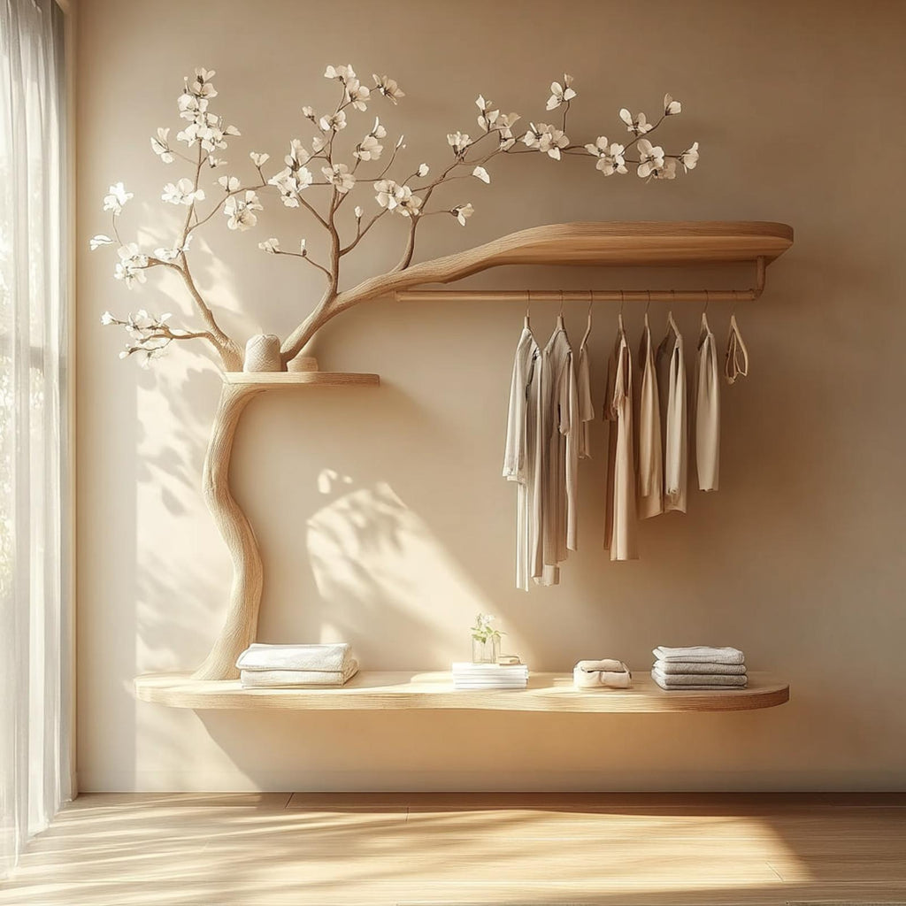 Scandinavian Wooden Tree Wardrobe, Handcrafted Solid Wood Clothes Drying Rack, Natural Coat Stand for Bedroom Decor
