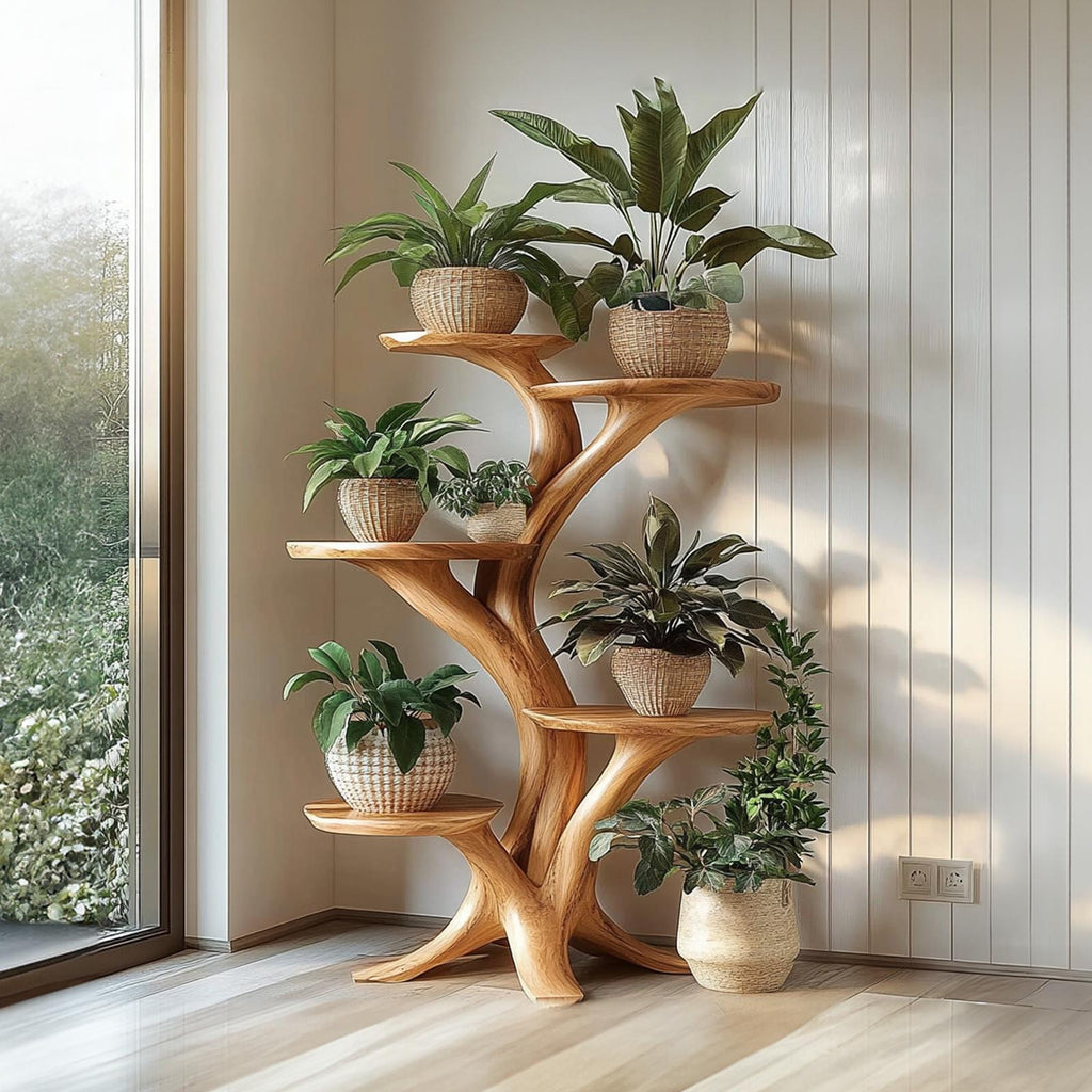 Rustic Tree Plant Stand Natural Interior Design Living Room
