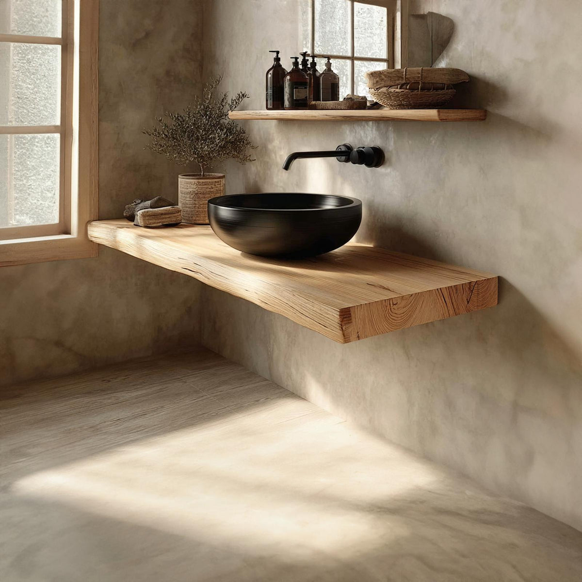 Mid-Century Floating Shelf, Natural Edge Solid Wood Bathroom Vanity, Single Sink Washroom Wood Countertop