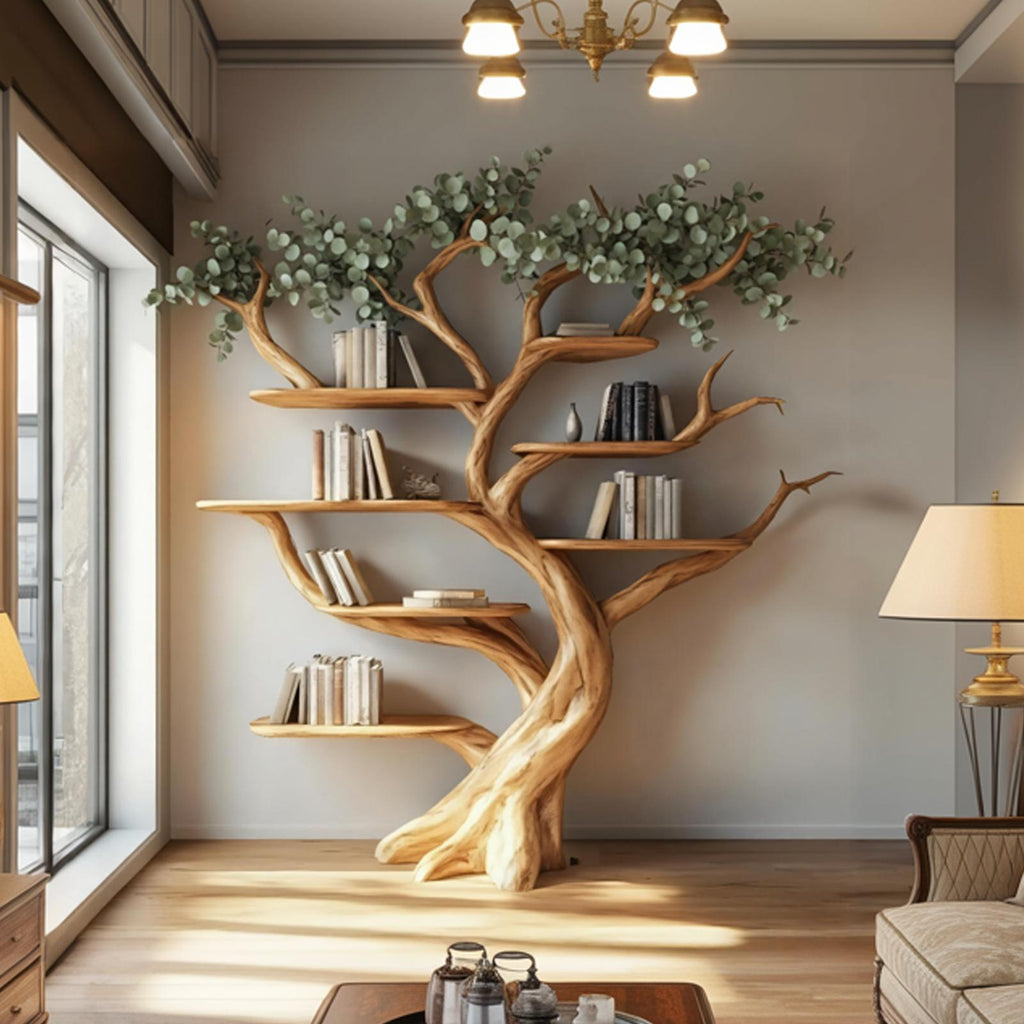 Handcrafted Wood Tree Storage Bookcase, Floating Branch Wall Mounted Bookcase Statement Piece for Living Room