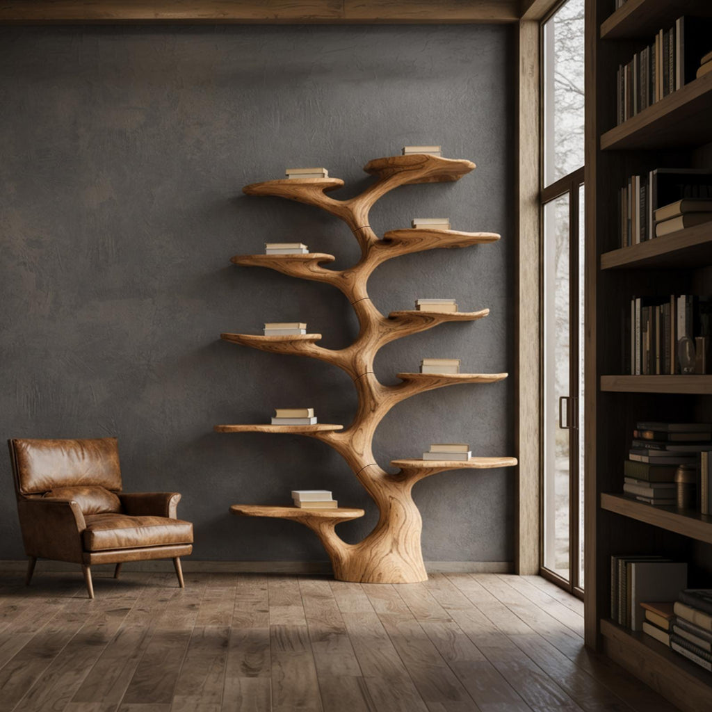 Rustic Solid Wood Tree Bookshelf, Handcrafted Vertical Wall Mounted Branch Display Bookcase for Living Room