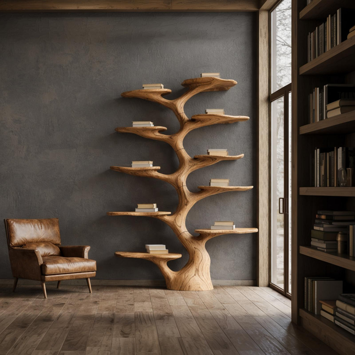 Rustic Solid Wood Tree Bookshelf, Handcrafted Vertical Wall Mounted Branch Display Bookcase for Living Room