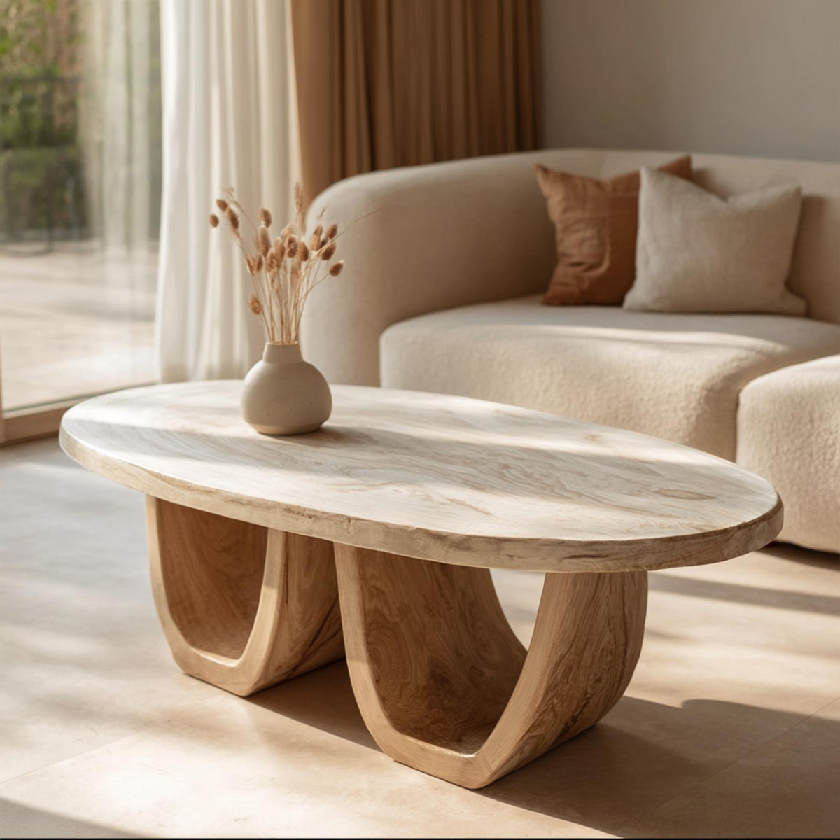 Elegant Oval Solid Wood Coffee Table Sculptural Twin Base Calm Modern Living Room Interior