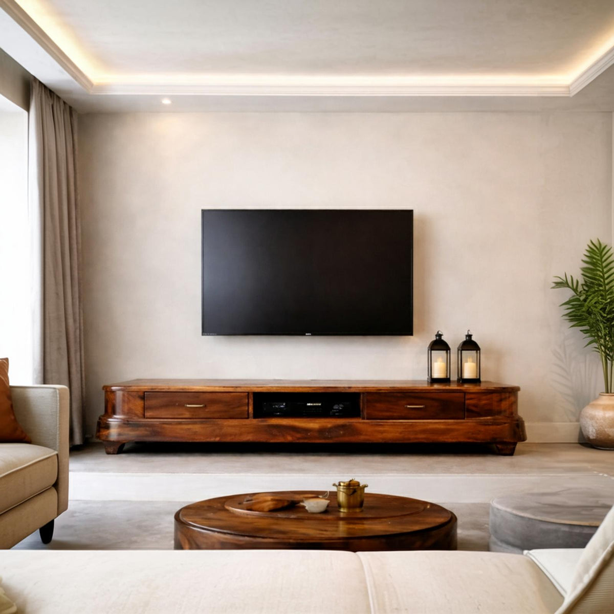 Rustic Handcrafted Solid Wood Media Storage Cabinet, Minimalist TV Console Sideboard Credenza for Living Room