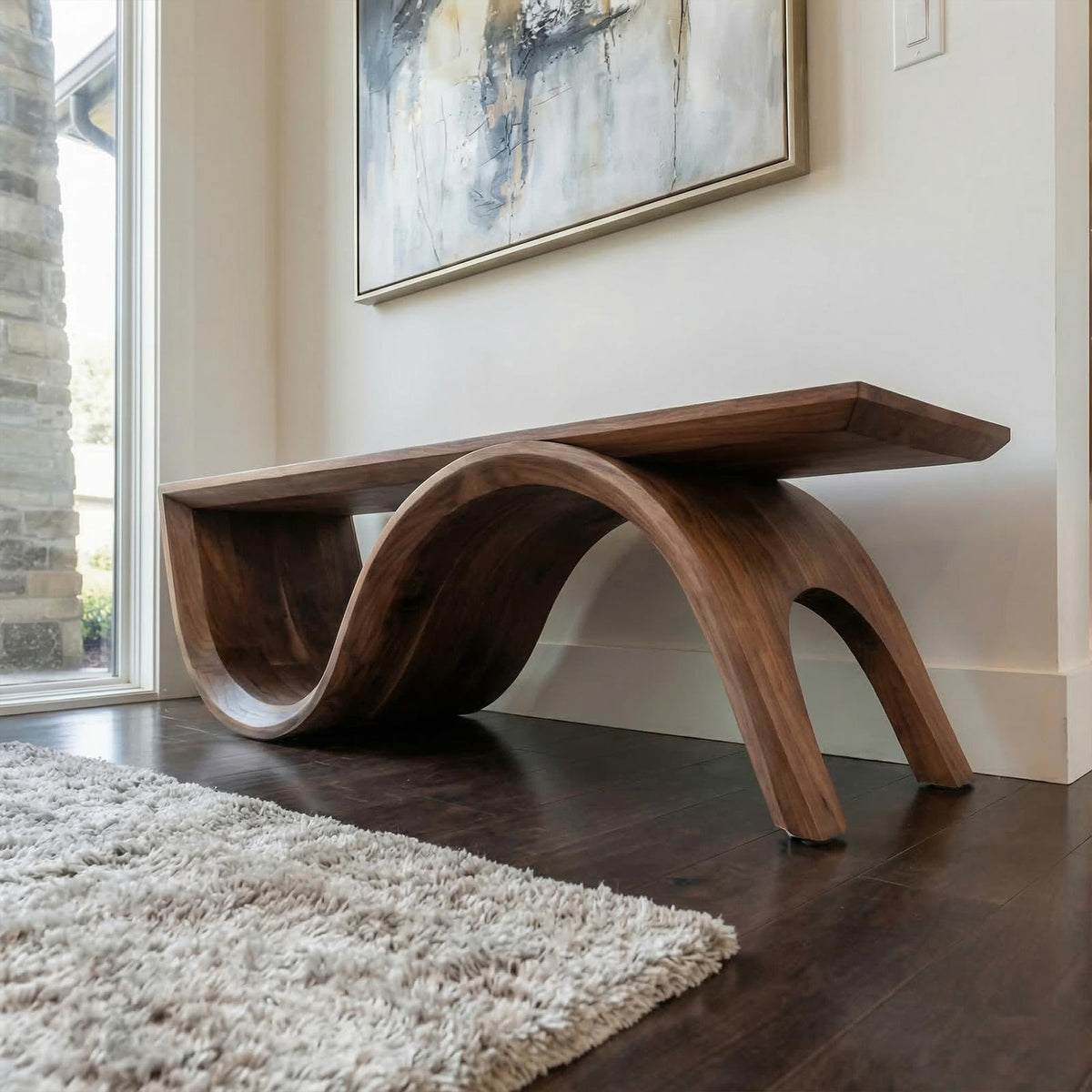 Spry Interior Mid Century Solid Wood Bench, Sculptural Curved Base Entryway & End of Bed Bench, SINLKIRS088