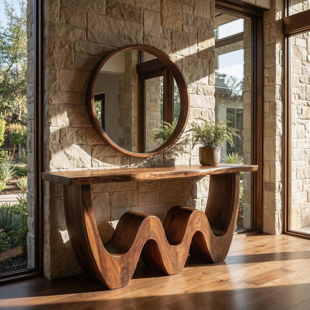 Rustic Triple Wave Wood Console Table, Sculptural Entryway, Hallway & Sofa Back Table