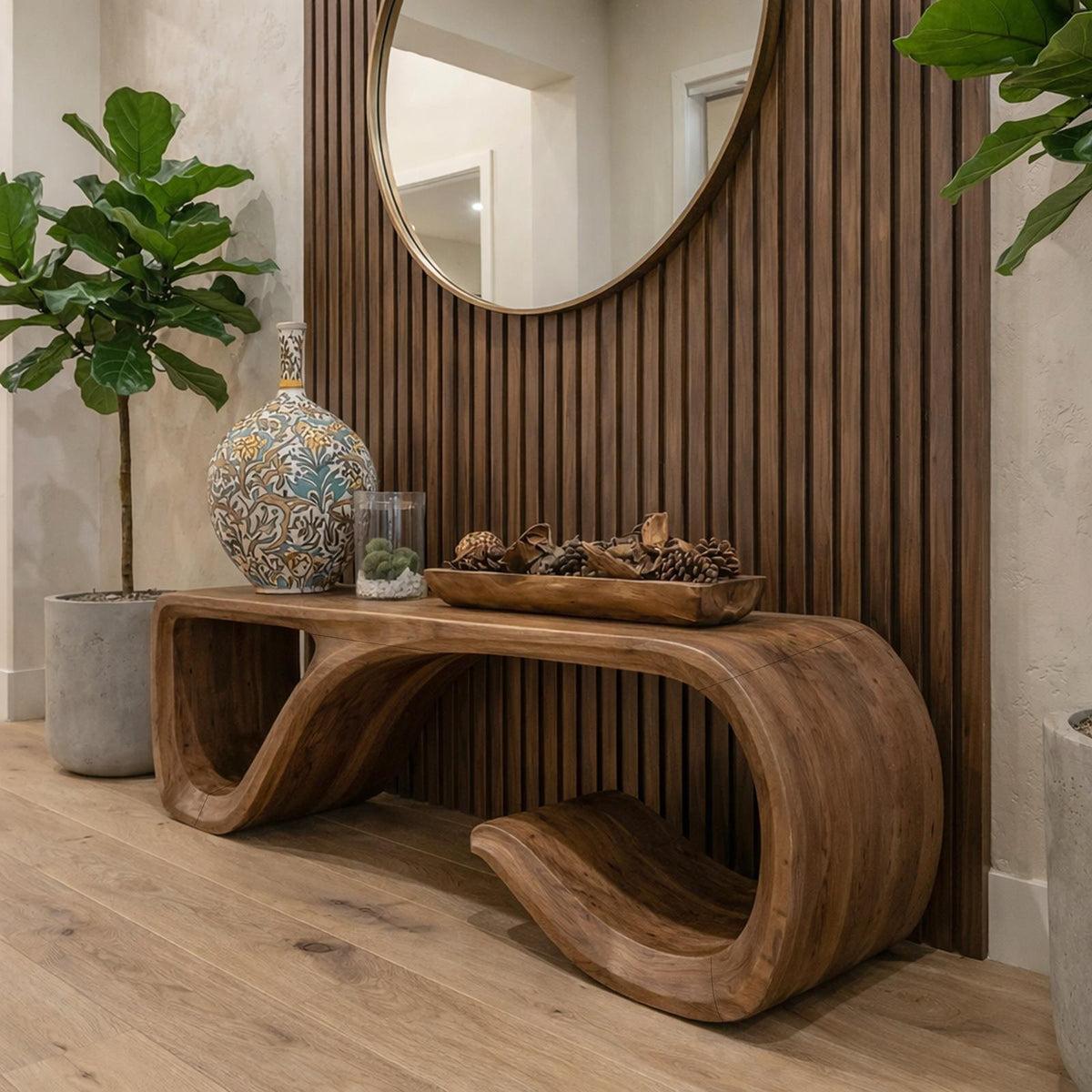 Spry Interior Modern Solid Wood Bench, Sculptural Curved Base Entryway Bench & Dining Seating for Living Room, SINLKIRS090