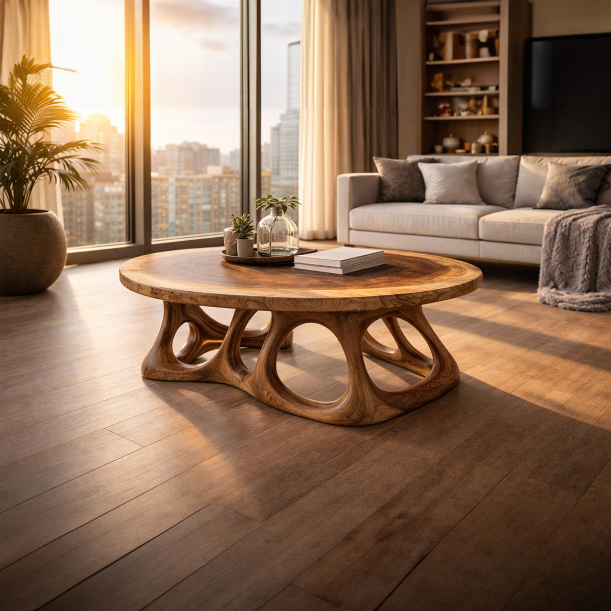 Round Sculpted Solid Wood Coffee Table, Organic Balance Accent Center Table for Modern Living Room Interior