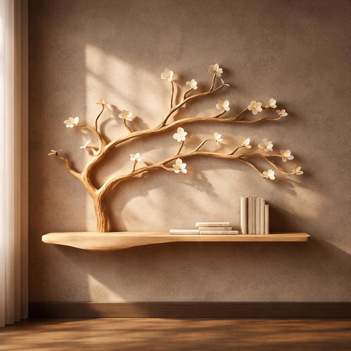 Rustic Tree Wall Mounted Bookcase, Handmade Wood Branch Decorative Shelving Unit for Living Room Wall Decor