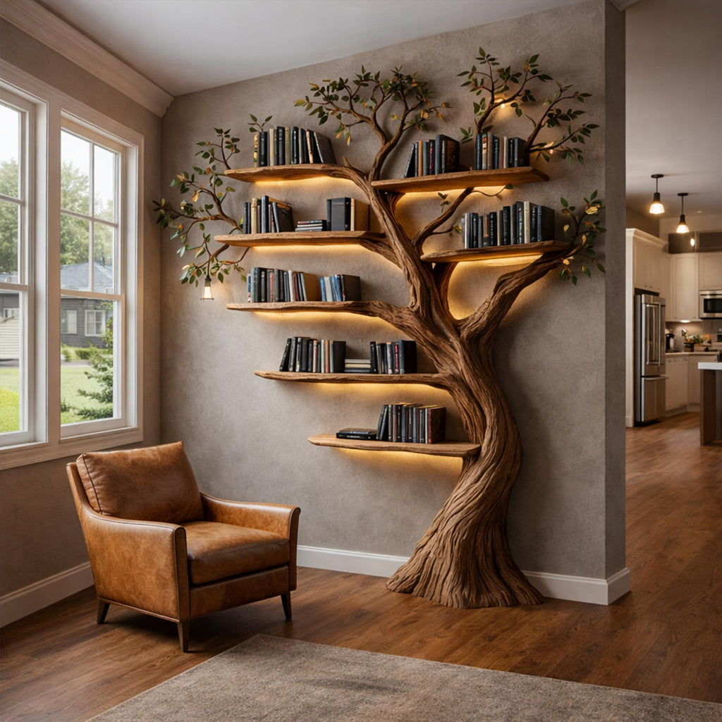 Rustic Woodland Wood Tree Bookshelf, Handcrafted Wall Mounted Floating Branch Bookcase for Living Room Storage