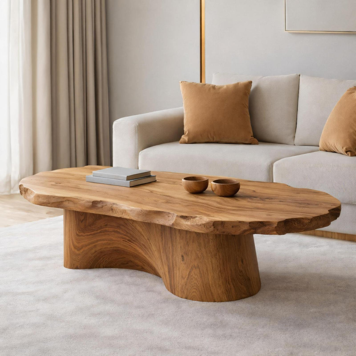 Soft Edge Organic Solid Wood Coffee Table, Sculpted Base Serene Center Table for Modern Living Room Interior