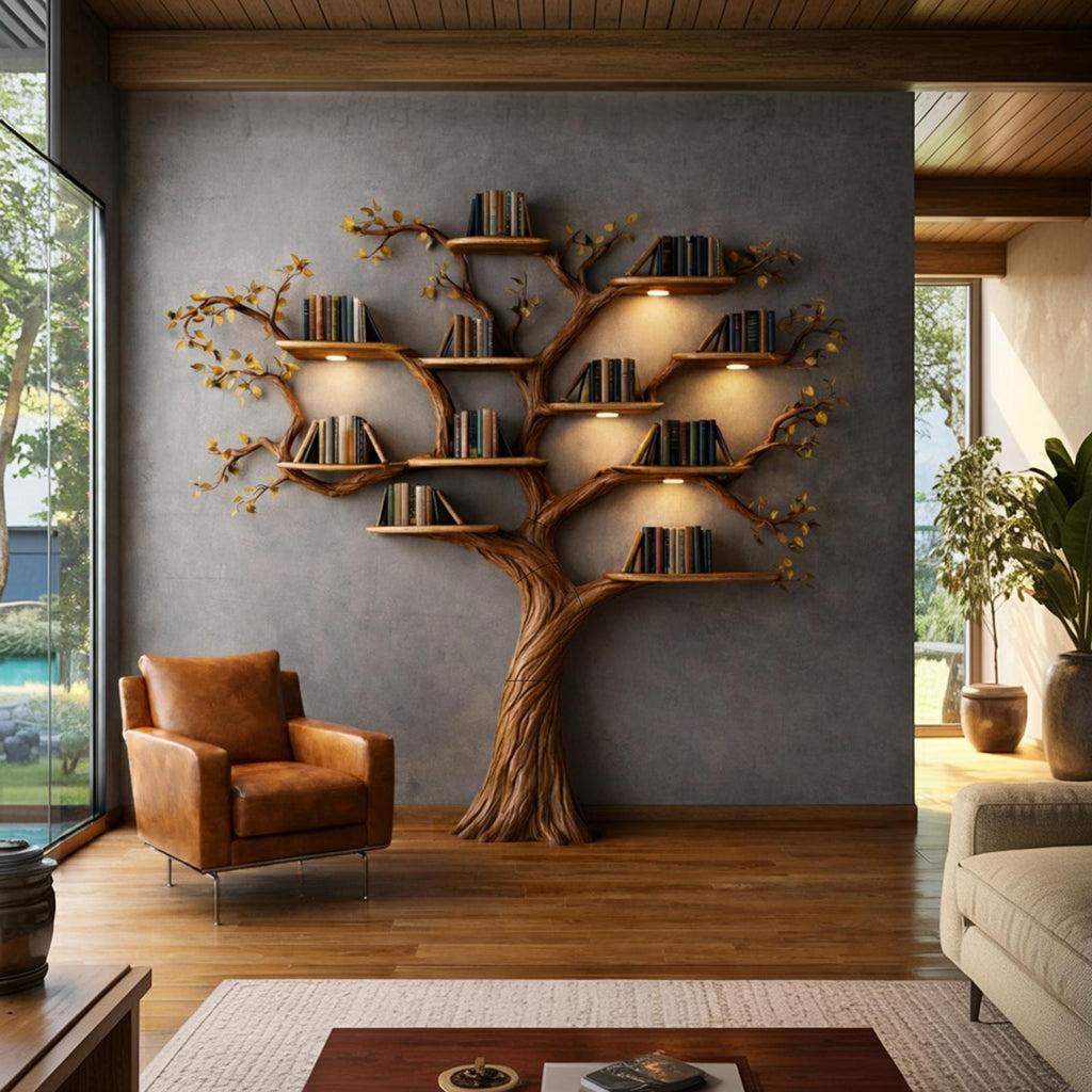 Rustic Wood Tree Bookshelf, Sculptural Handcrafted Wall Mounted Statement Branch Bookcase for Cozy Living Room