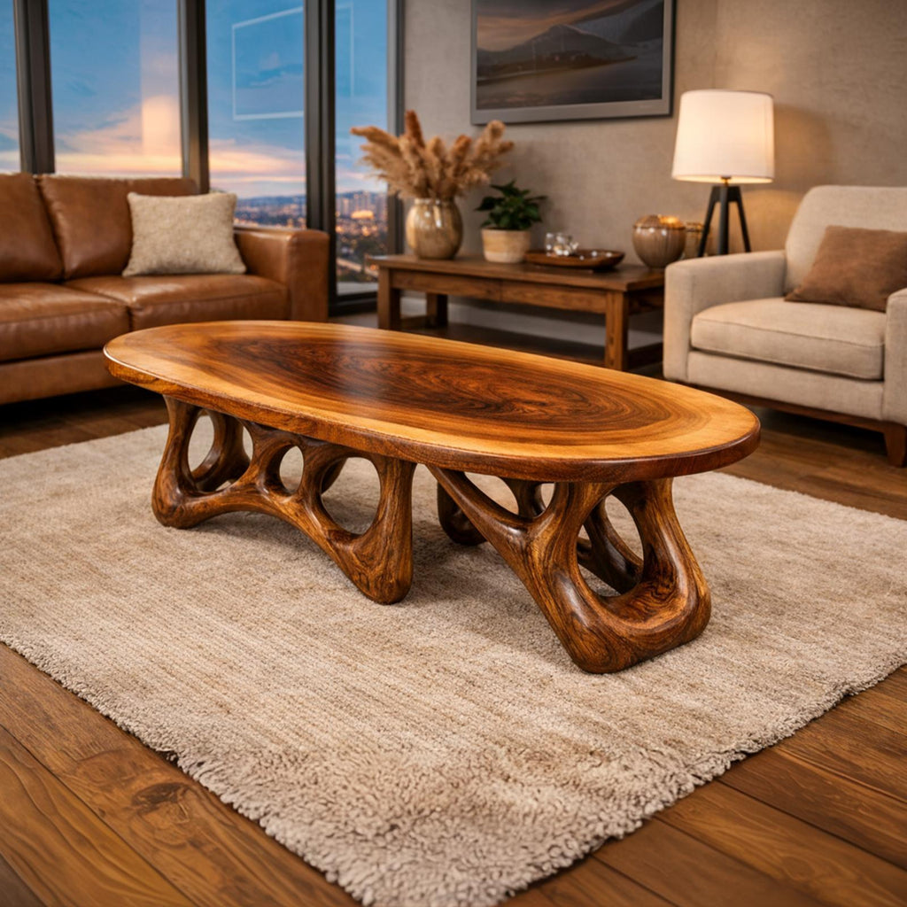 Sculpted Live Edge Solid Wood Coffee Table Organic Arch Silhouette Warm Contemporary Living Room Interior SINLKICF302