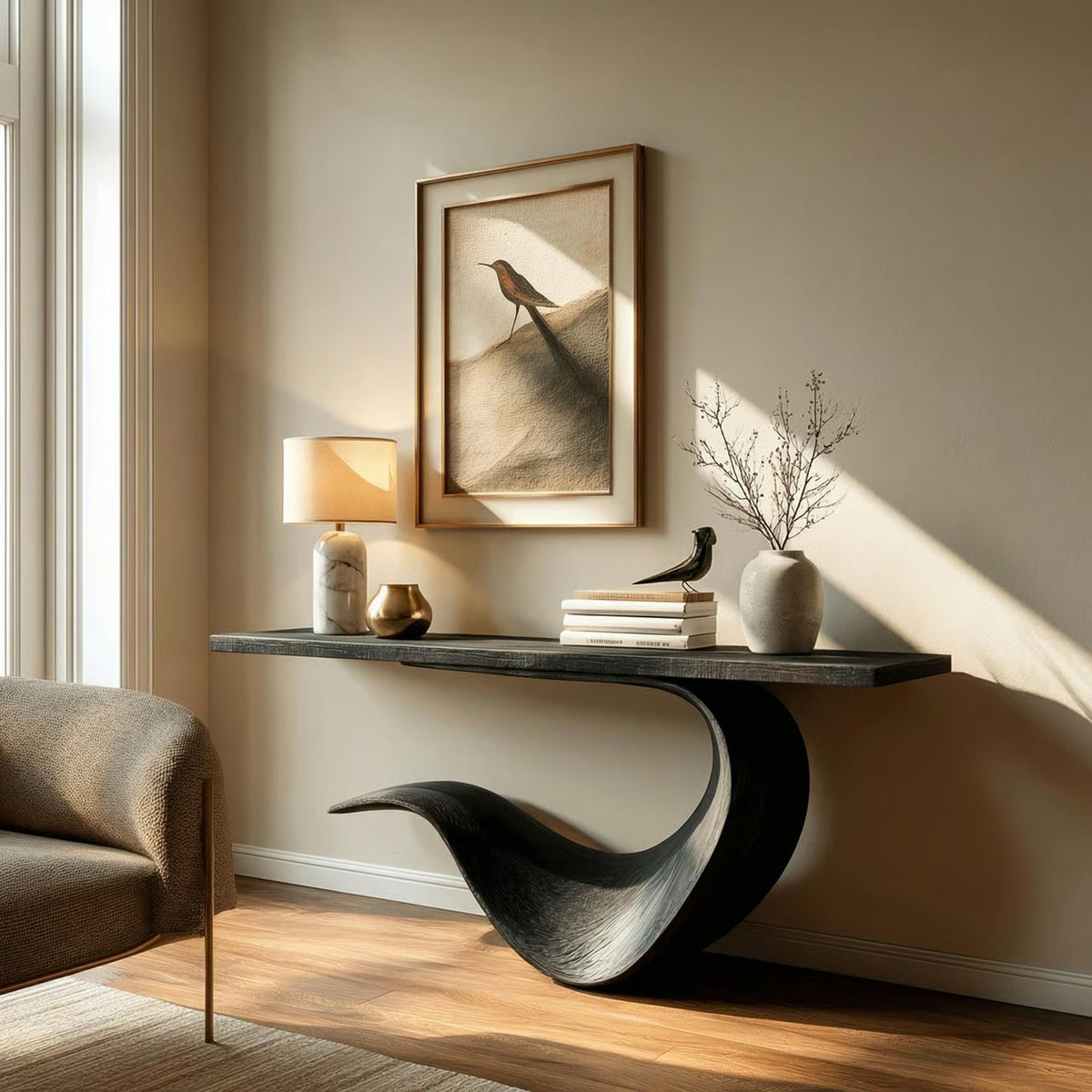Modern Sculptural Console Table, Solid Wood Entryway, Hallway & Sofa Back Accent Table