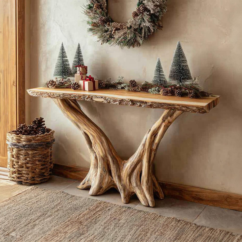 Rustic Solid Wood Console Table, Christmas Holiday Entryway & Living Room Accent Table, Model