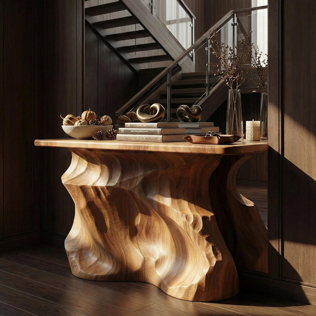 Rustic Solid Sculptural Wood Console Table, Handcrafted Entryway, Hallway & Sofa Back Table