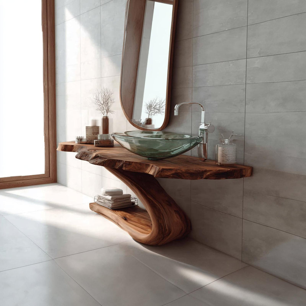 Mid-Century Minimalist Pedestal Vanity, Solid Wood Bathroom Sink Stand, Modern Washroom Washstand Console