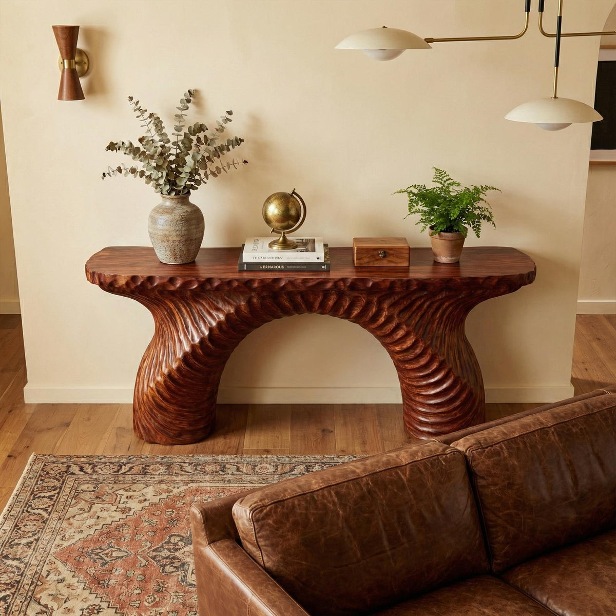 Rustic Ribbed Arch Wood Console Table, Handcrafted Narrow Entryway & Hallway Accent Table