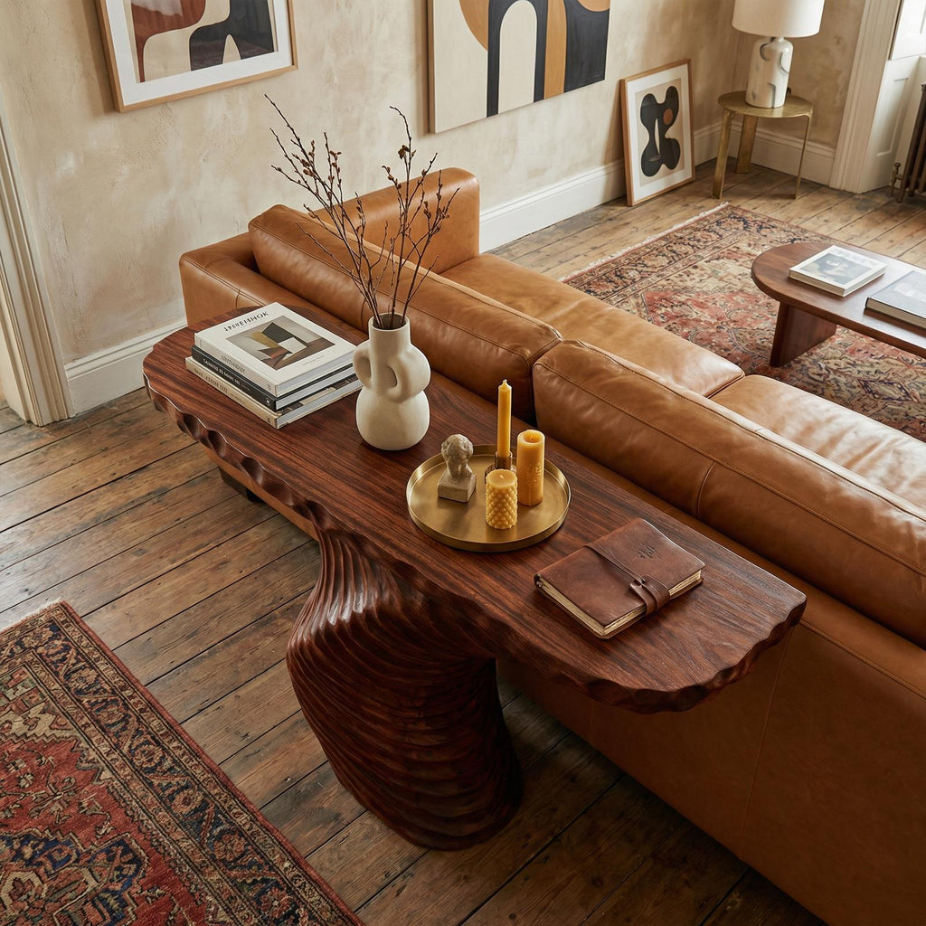 Rustic Ribbed Sculptural Console Table, Solid Wood Sofa Back & Entryway Accent Table for Living Room