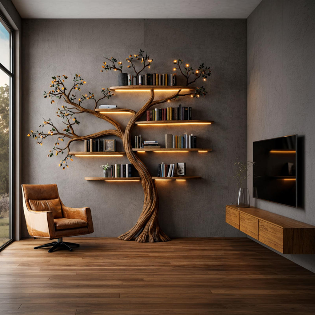 Sculptural Solid Wood Tree Bookshelf, Architectural Wall Floating Branch Display Bookcase for Living Room Art