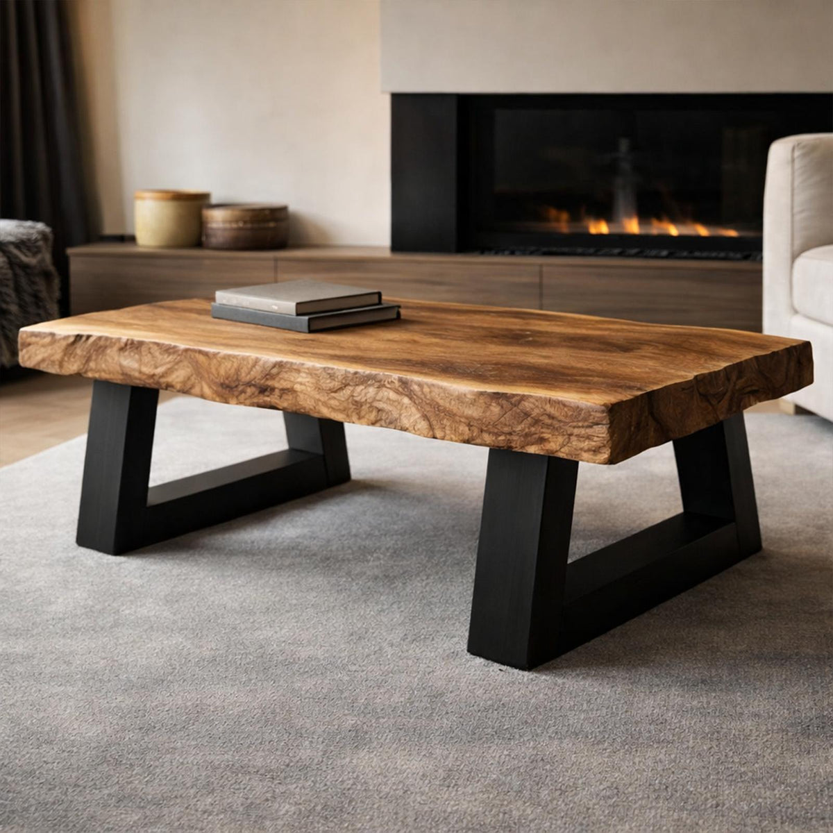 Industrial Live Edge Solid Wood Coffee Table Bold Contrast Black Base Modern Living Room Interior
