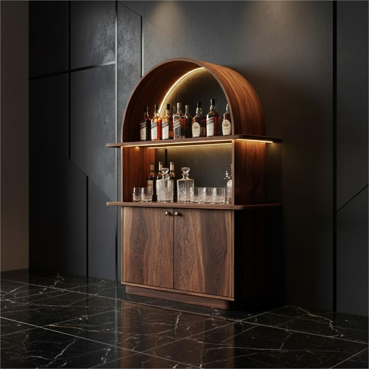 Mid Century Arched Bar Cabinet Dining Room Interior Beverage Display