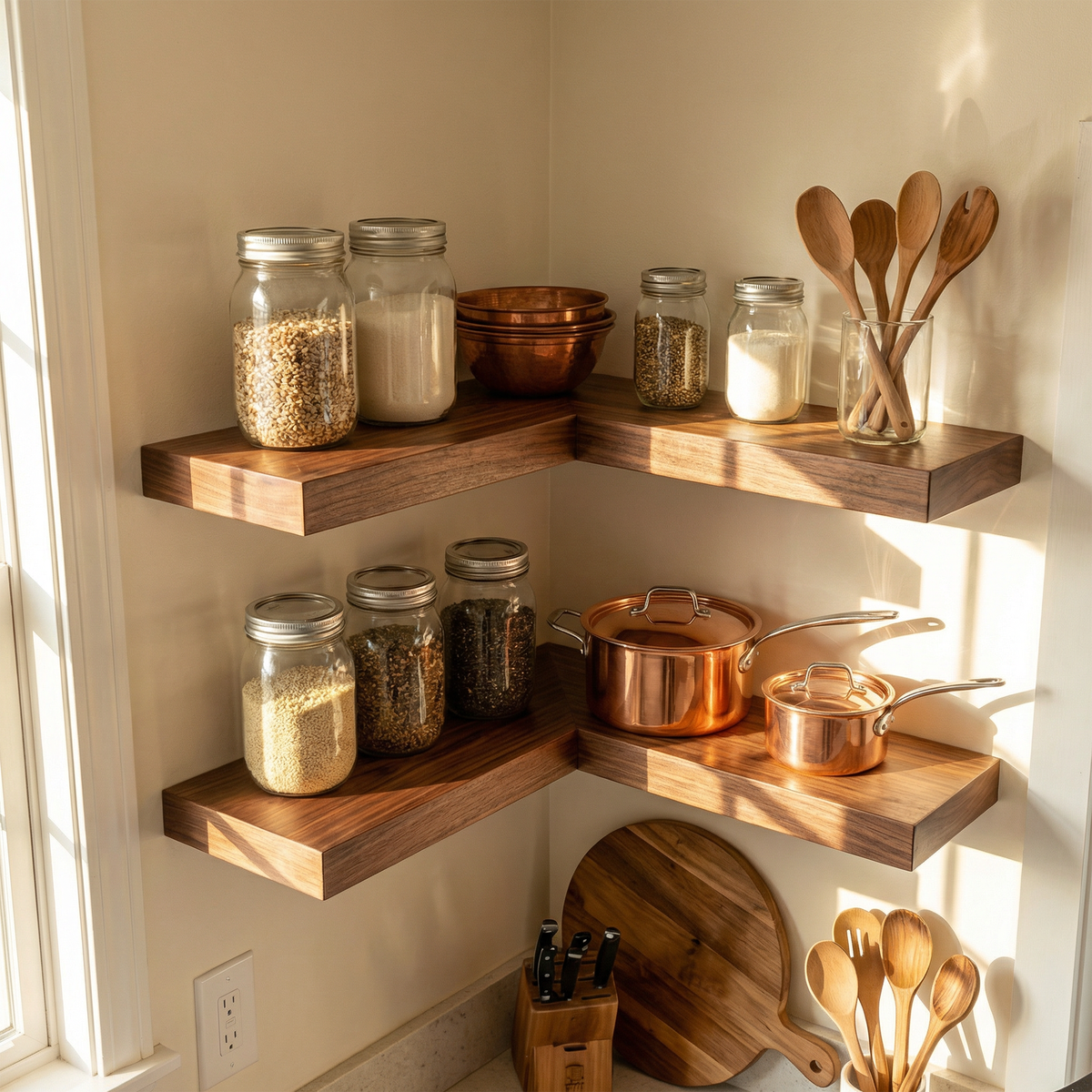 Modern Corner Wall Mounted Kitchen Shelving Unit Wood Storage Rack