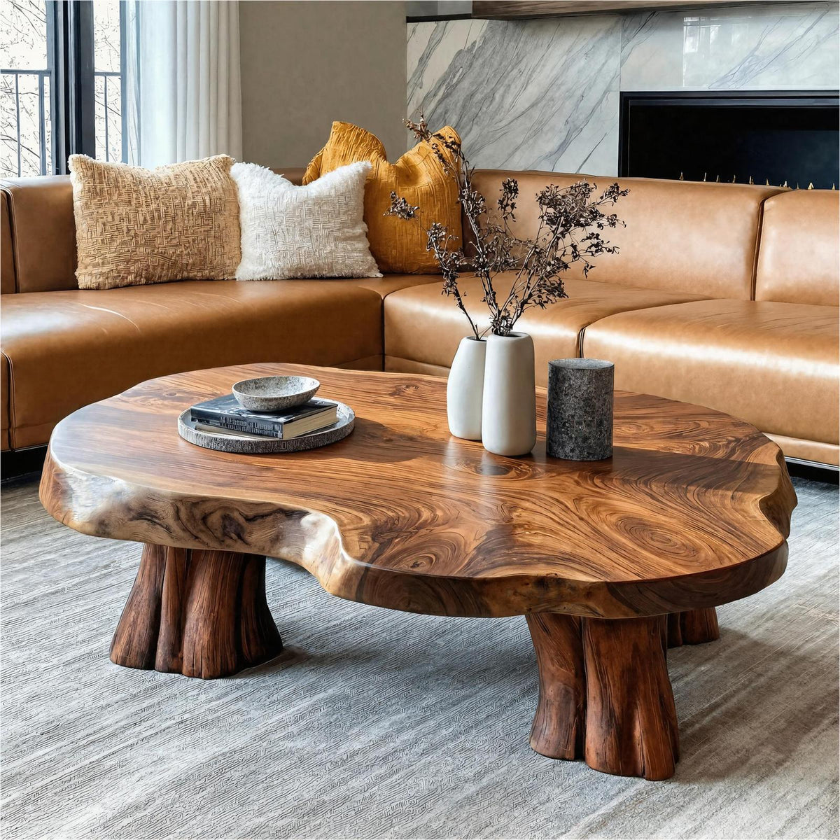 Organic Sculptural Solid Wood Coffee Table, Natural Live Edge Center Table for Living Room, Rustic Art Deco Accent