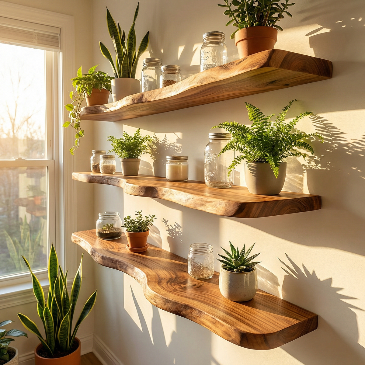Modern Organic Wall Shelves Solid Wood Plant Display Rack