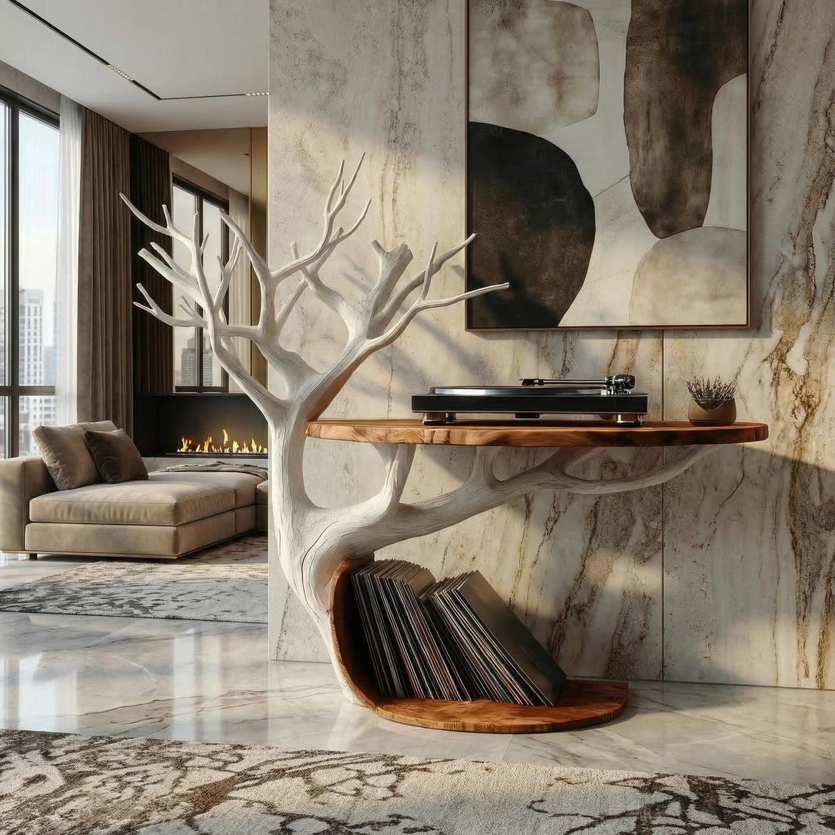 Midcentury Tree Branch Record Player Stand Vinyl Shelf Living Room Decor