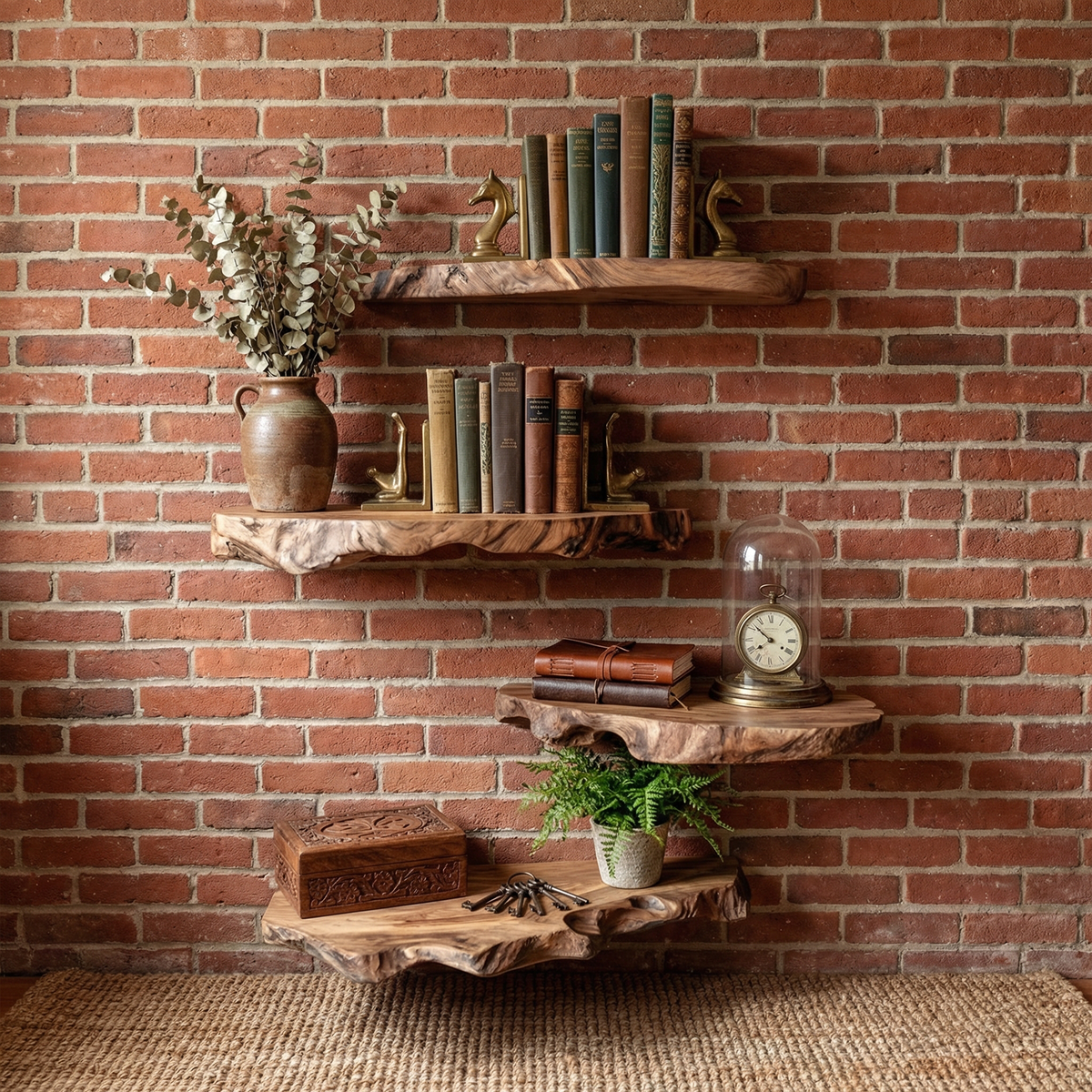 Modern Live Edge Corner Floating Shelves, Solid Wood L Shaped Hanging Shelf, Rustic Bathroom & Living Room Organizer